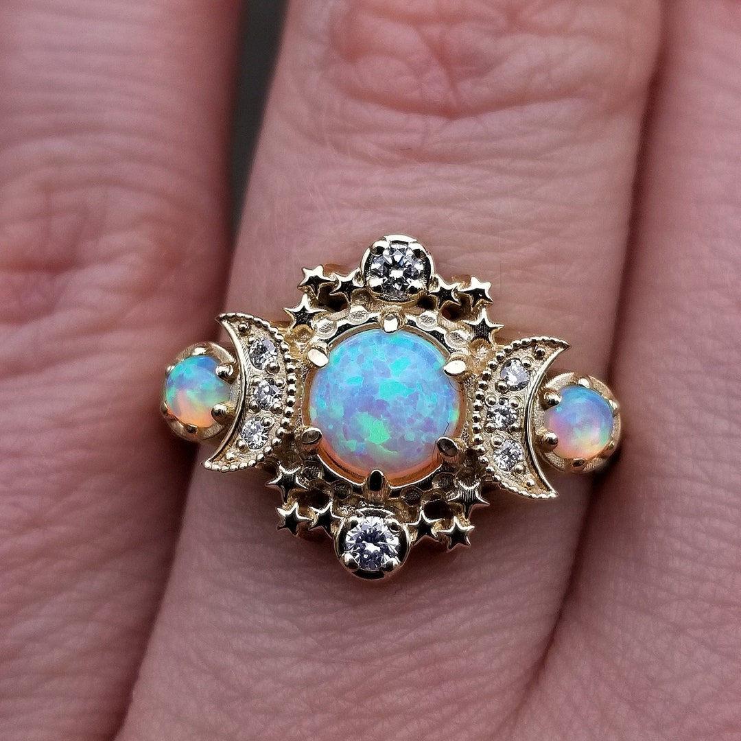 Lab Opal Cosmos Moon Engagement Ring Rose Gold Celestial 3 - Etsy