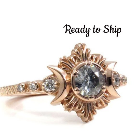 Ready to Ship Size 6 - 8 - Clair De Lune Grey Moissanite Moon Fire Engagement Ring - 14k Rose Gold with Diamonds