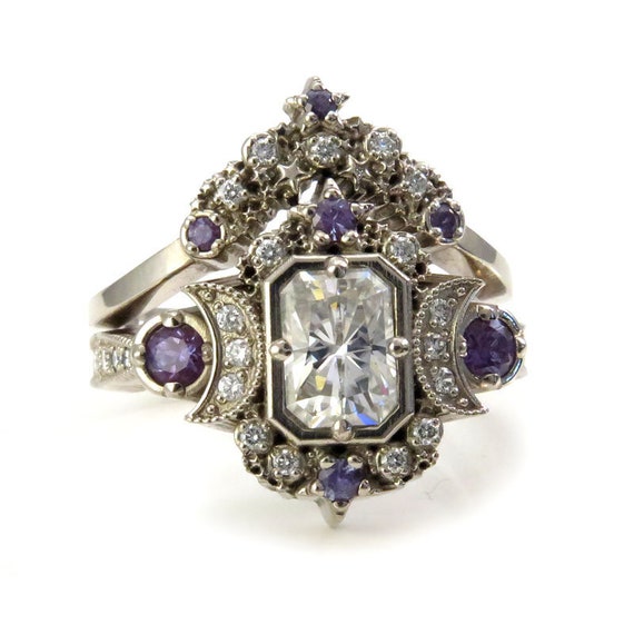 Emerald Cut Selene Moon Goddess Engagement Ring Set - Moissanite , Diamond and Chatham Alexandrite - 14k Palladium White Gold