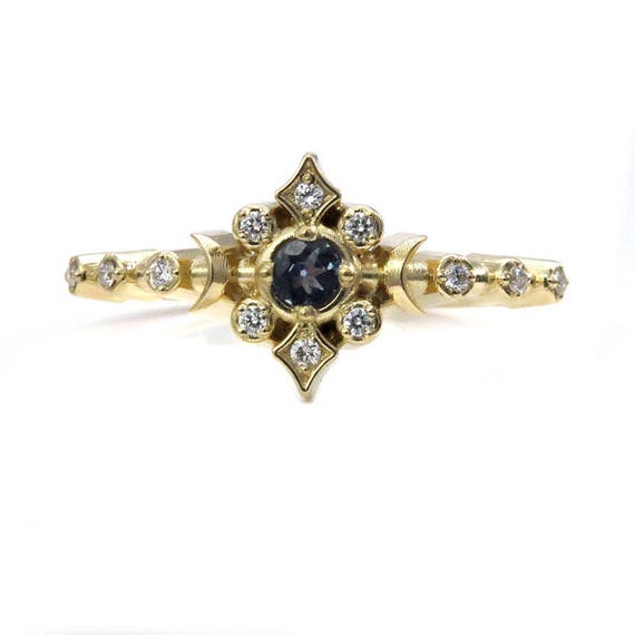 Natural Alexandrite Moon and Star Engagement Ring with Diamonds - Delicate and Dainty Fine Jewelry