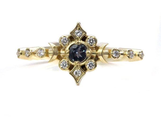 Natural Alexandrite Moon and Star Engagement Ring with Diamonds - Delicate and Dainty Fine Jewelry