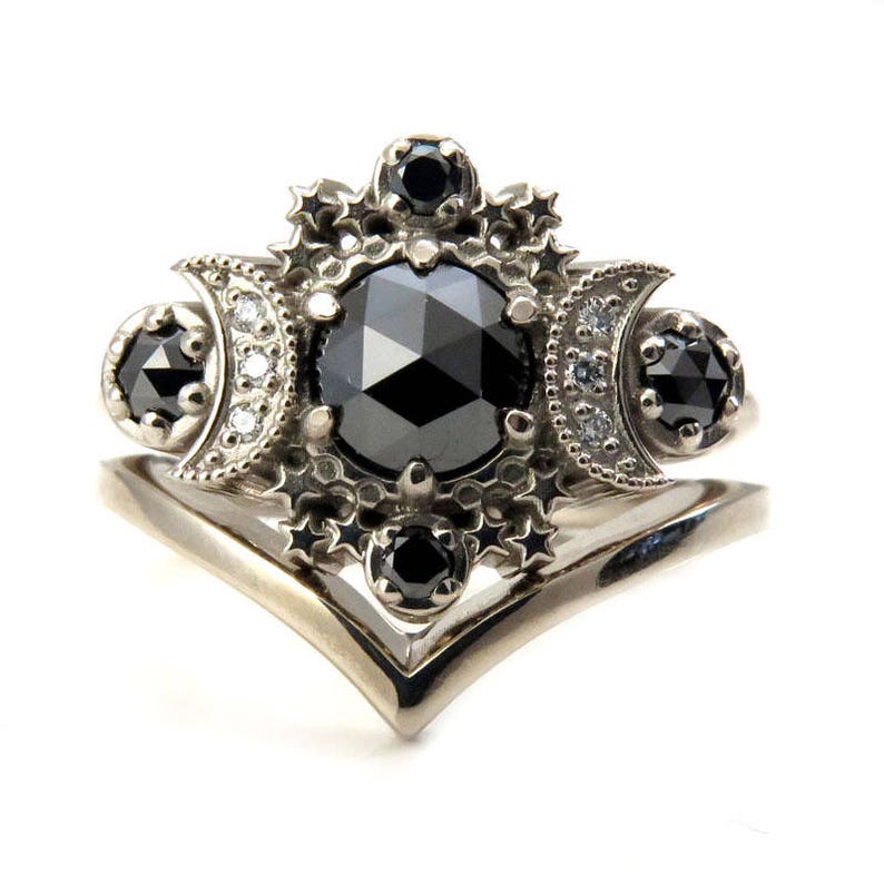 Black Diamond Moon Engagement Ring With Gold Chevron Wedding | Etsy
