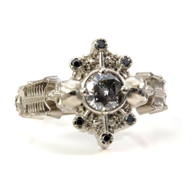 Ready to Ship Size 6 8 Skeleton Catacomb Halo Engagement Ring Set Black & Stormy Diamonds 14k Palladium White Gold Gothic Jewelry image 2