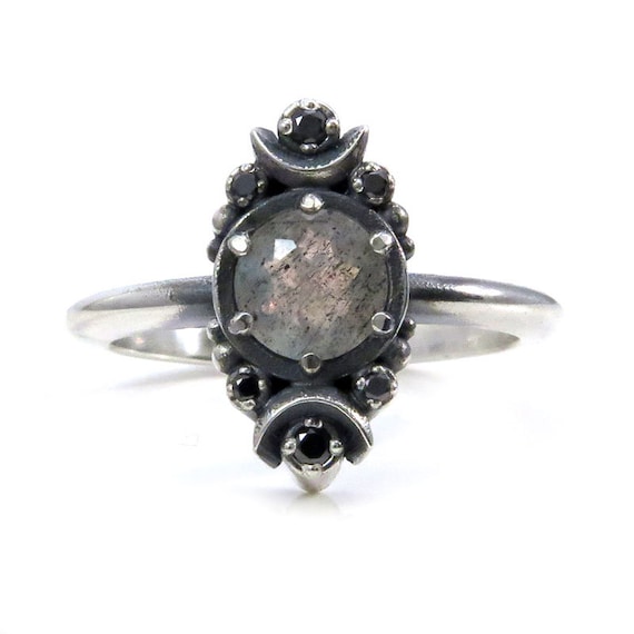 Gothic Luna Labradorite Engagement Ring with Black Diamonds - Sterling Silver