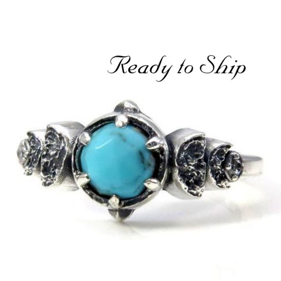 Ready to Ship Size 6 - 8 - Moon Phase Rose Cut Turquoise and White Diamond Sterling Engagement Ring