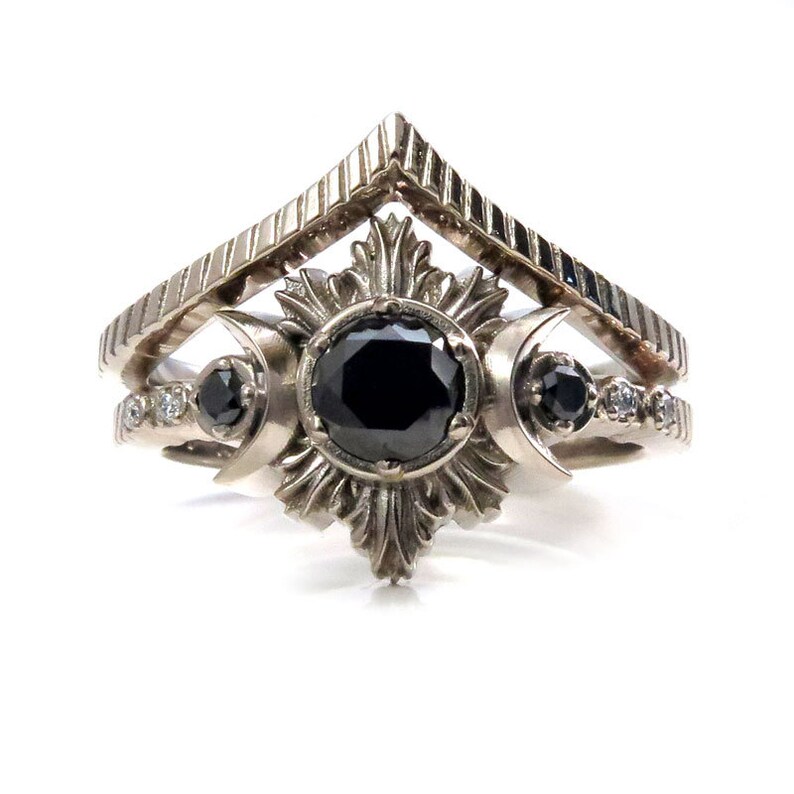 New Moon Gothic Black Diamond Engagement Ring Set Black Etsy