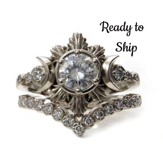 Ready to Ship Size 6 - 8 - Forever One Moissanite Moon Fire Engagement Ring with Chevron Diamond Wedding Band - 14k Palladium White Gold