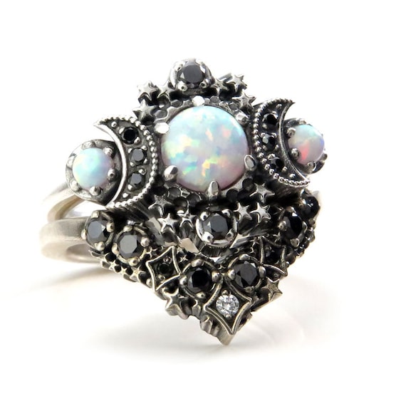 Lab Opal Cosmos Moon and Star Ring Set - Sterling Silver with Black & White Diamonds - Gothic Lunar Engagement