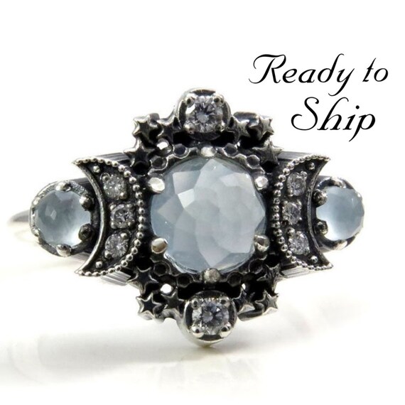 Ready to Ship Size 5 - 7 - Rose Cut Milky Aquamarine Cosmos Triple Moon and Stardust Engagement Ring Set - Sterling Silver & White Diamonds