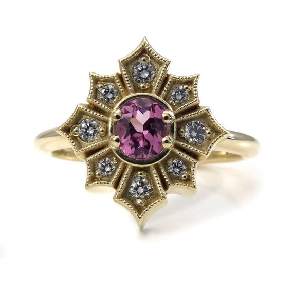 Ready to Ship Size 6 - 8 - Art Deco Star Yellow Gold Engagement Ring with Pink Spinel and White Diamonds