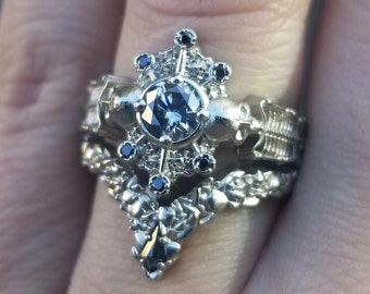 Ready to Ship Size 6 - 8 - Skeleton Catacomb Halo Engagement Ring Set - Black & Stormy Diamonds - 14k Palladium White Gold - Gothic Jewelry