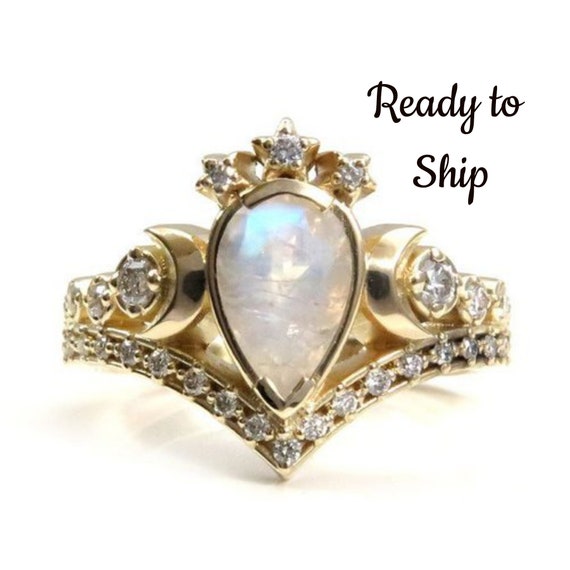 Ready to Ship Size 6 - 8 - Rainbow Moonstone Priestess Diamond Engagement Ring with White Diamonds - Celestial Wedding Ring