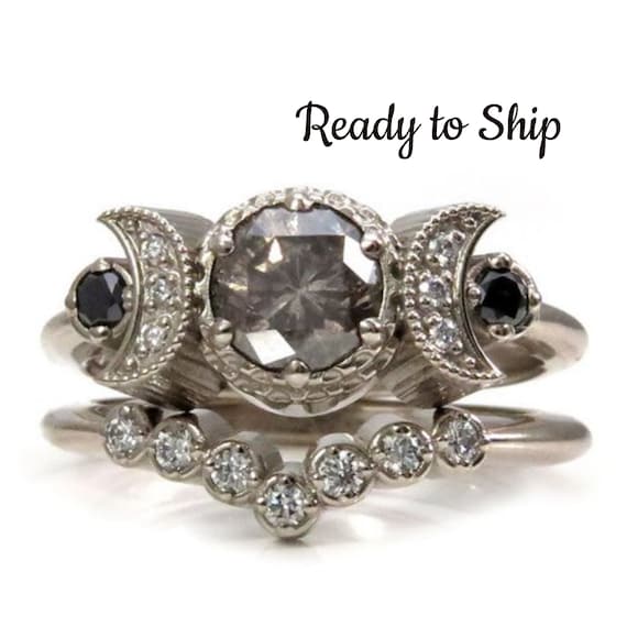 Ready to Ship Size 6 - 8 - Smoky Salt & Pepper Diamond Hecate Moon Engagement Ring Set - 14k Palladium White Gold