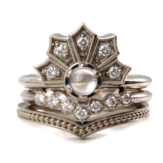 Moonstone and Diamond Fan Engagement Ring Set - Diamond and Millgrain Chevron Bands - Wedding Ring Set