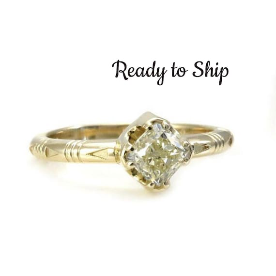 Ready to Ship Size 6-8 - 14k Yellow Gold Solitaire with Natural Light Yellow Cushion Diamond