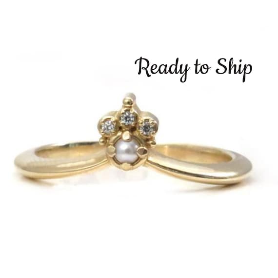 Ready to Ship Size 6-8 - 14k Yellow Gold Seed Pearl & Diamond Chevron Wedding Band