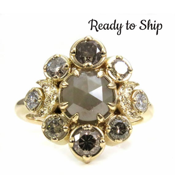 Ready to Ship Size 5 - 7.5 Victorian Raw Rose Cut Diamond with Champagne and White Diamonds Crescent Moon Engagement Ring