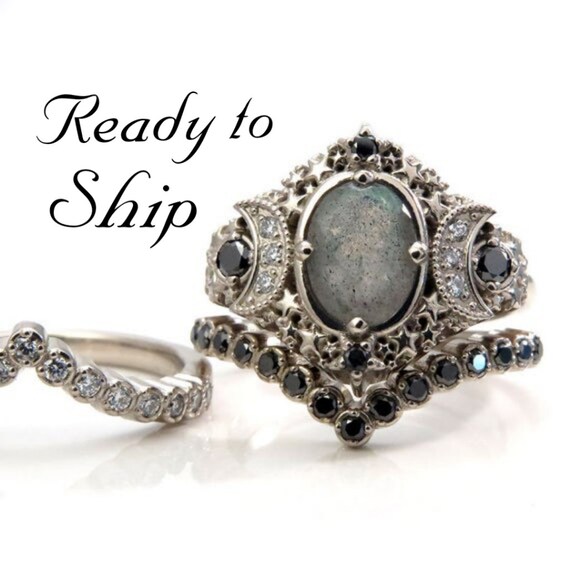 Ready to Ship Size 6 - 8 - Starseed Engagement Ring Set - Oval Labradorite with Black and White Diamonds - 14k Palladium White Gold Gold