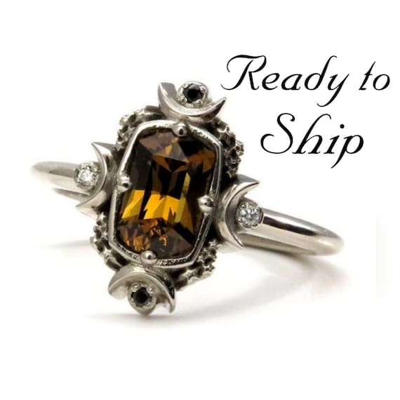 Ready to Ship Size 6 - 8 - Artemis Moon Engagement Ring Set - Champagne Mali Garnet Cushion with Black and White Diamonds