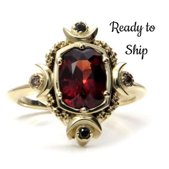 Ready to Ship Size 6 - 8 - Artemis Moon Engagement Ring - 1.80 Carat Malaya Garnet with Black & Champagne Diamonds - 14k Yellow Gold