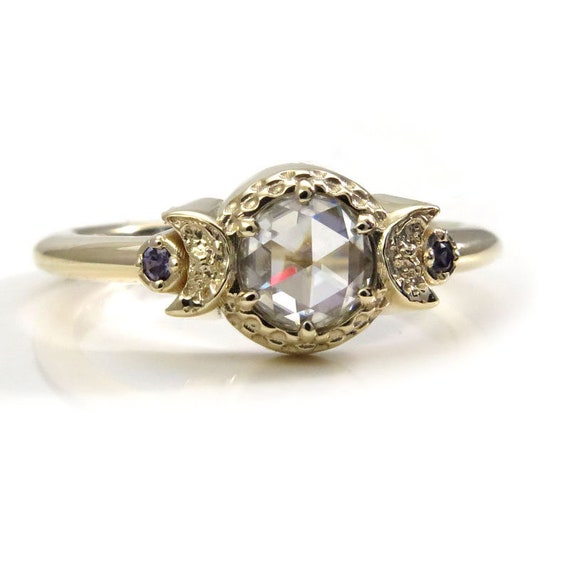 Size 6-8 Ready to Ship - Rose Cut Forever One Moissanite with Chatham Alexandrite Sides - 14k Yellow Gold Engagement Ring