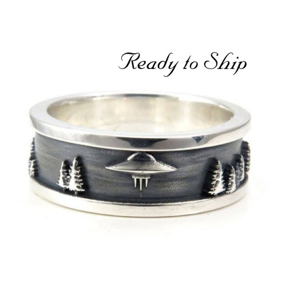 Ready to Ship Size 10 - 10.5 - Mens Forest Abduction UFO Ring - Sterling Silver - Sci-Fi Wedding Band