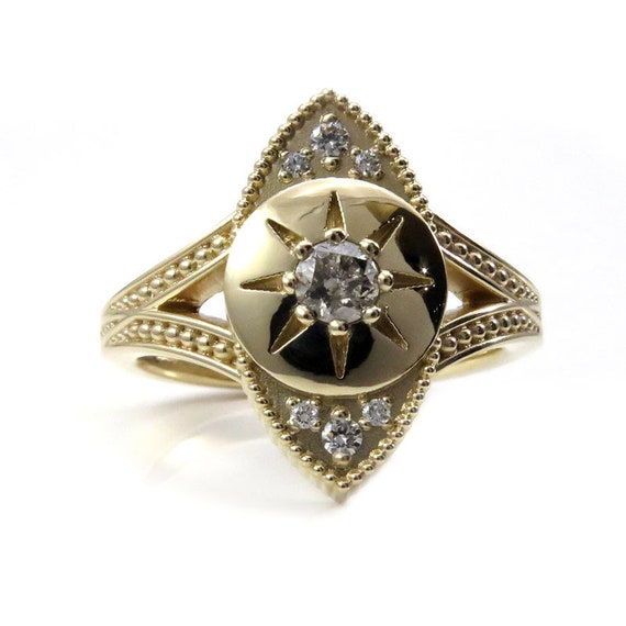 Ready to Ship Size 6 - 8 - The Seer - Salt & Pepper Diamond Evil Eye Ring with Diamonds and Millgrain - 14k Yellow Gold