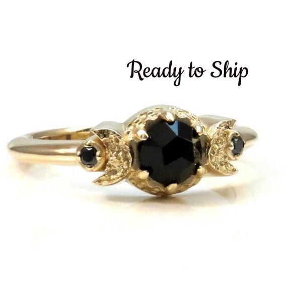 Ready to Ship Size 5 - 7 - Yellow Gold Crescent Moon Gothic Engagement Ring - Rose Cut Spinel with Black Diamonds
