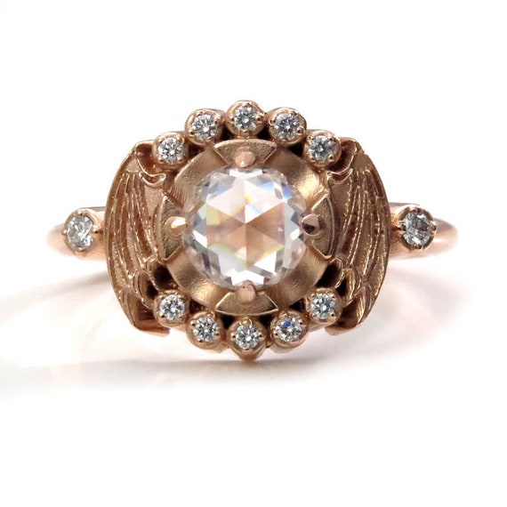 Gold Bat Wing Engagement Ring with Rose Cut Moissanite and White Diamond Halo