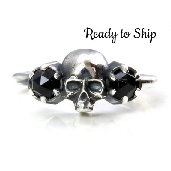 Ready to Ship Size 5.5 - 7.5 - Skull Ring - Rose Cut Black Spinel and Sterling Silver - Gothic Engagement