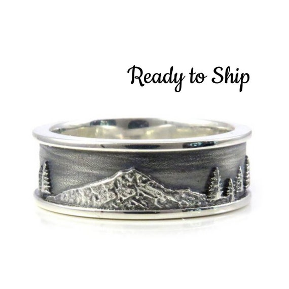 Size 10 - 10.75 Mens Mountain Hood Ring with Trees - Ready to Ship