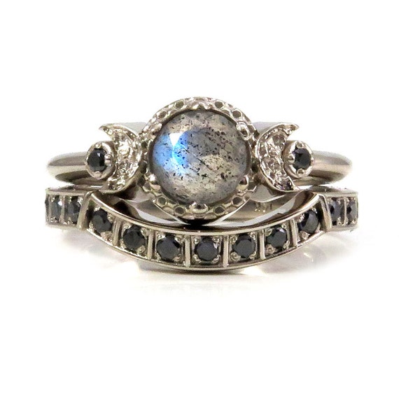 Modern Gothic Engagement Ring Set - Labradorite and Black Diamond Moon Phase Stacking Wedding Rings