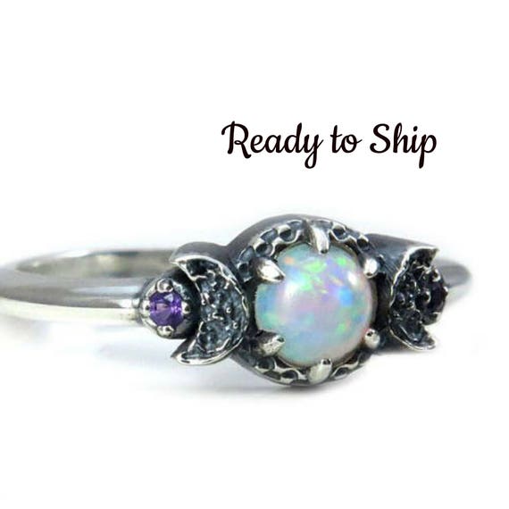 Ready to Ship - Lab Opal Crescent Moon Ring - Black or White Diamond Sides - Silver Engagement Ring by Swankmetalsmithing