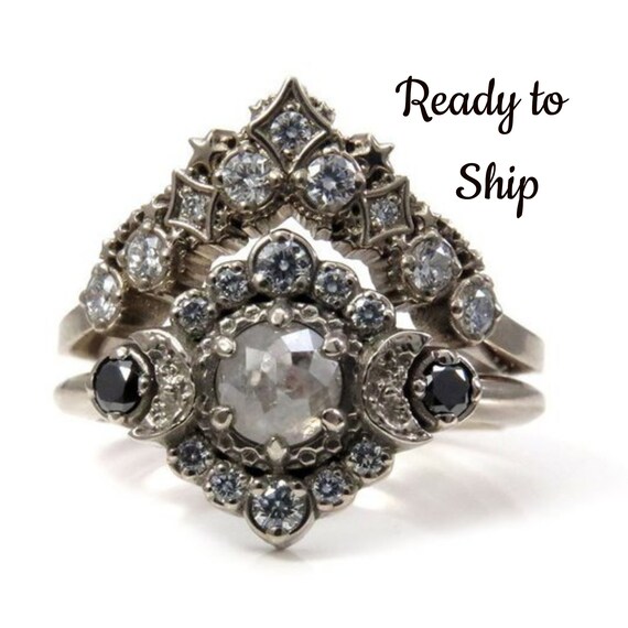 Ready to Ship Size 6 - 8 -Rose Cut Grey Galaxy Diamond Engagement Ring with Black & White Diamond Halo -Diamond Stardust Wedding Band