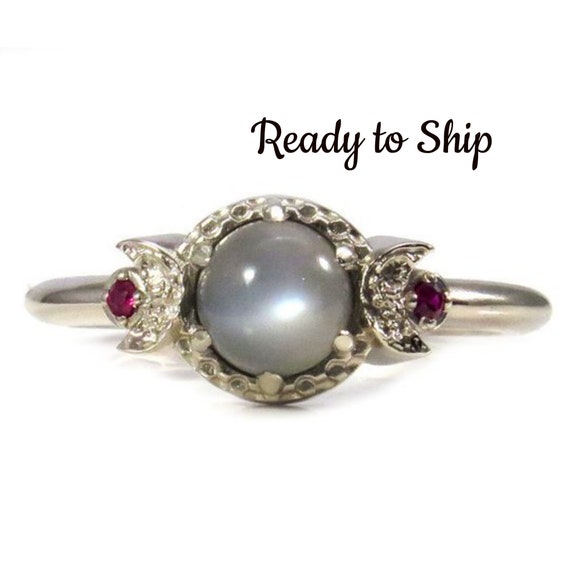Ready to Ship Size 6 - 8 Gray Moonstone Moon Engagement Ring with Ruby Crown Band - 14k Palladium White Gold