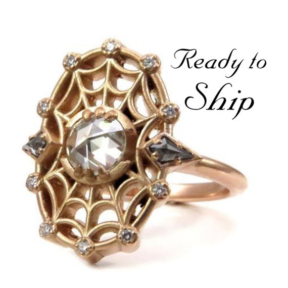 Ready to Ship Size 6-8 Spider Baby Rose Cut Moissanite and Diamond Spider Web Ring 14k Rose Gold