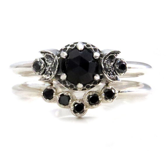 Bohemian Moon Ring Wedding Set with Black Diamonds and Rose Cut Black Spinel in Sterling Silver