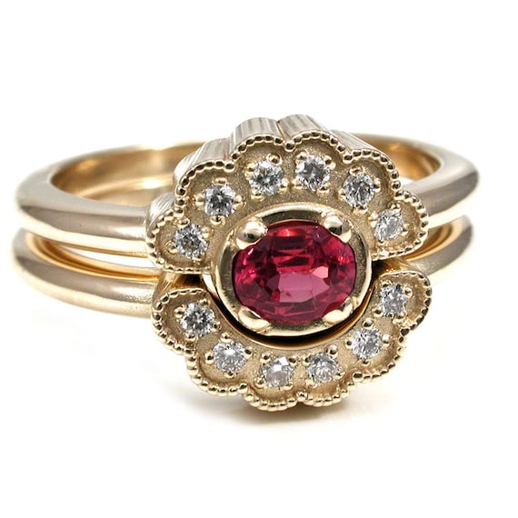 Hot Pink Oval Spinel Engagement Ring set with Scalloped Diamond Halo - 14k Yellow Gold Stacking Wedding Rings READY TO SHIP Size 5-7