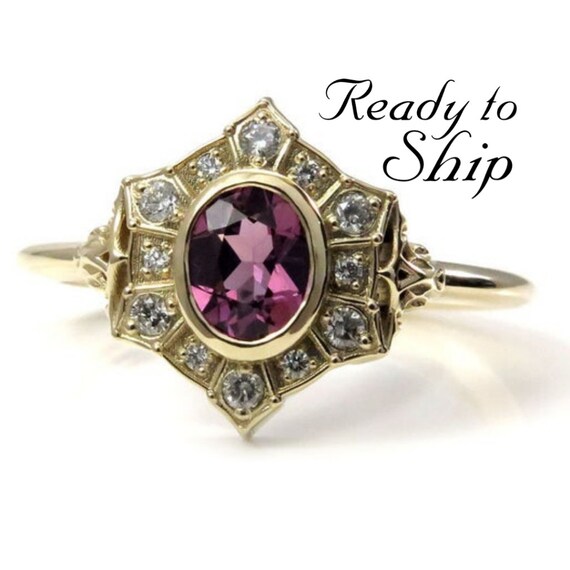 Ready to Ship Size 6 - 8 - Oval Pink Spinel Art Deco Halo Engagement Ring - Icey Diamond Halo - 14k Yellow Gold