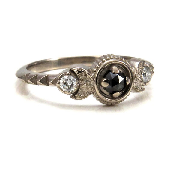 Moon Phase Engagement Ring - Black Rose Cut Diamonds and White Diamonds - 14k Palladium White Gold