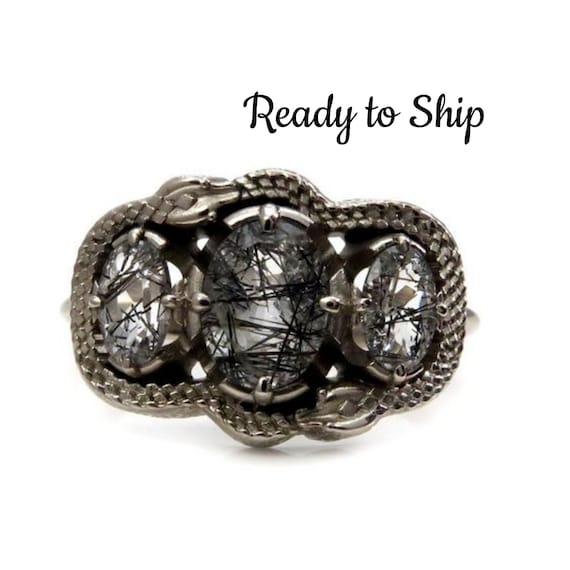 Ready to Ship Size 7 - 9 - Double Ouroboros Rutile Quartz 3 Stone Oval Gothic Engagement Ring - 14k Palladium White Gold