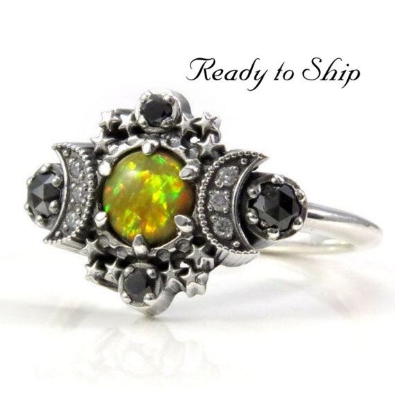 Ready to Ship Size 8 - 10 - Electric Yellow Lab Opal Cosmos Moon Engagement Ring Set with Stardust Wedding Band
