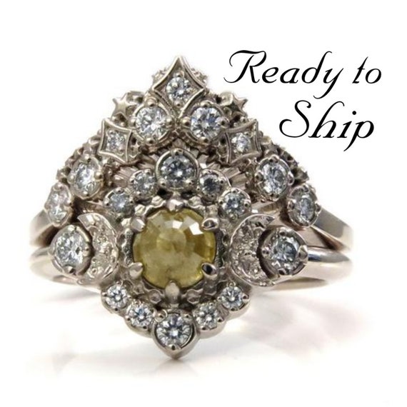 Ready to Ship Size 6 - 8 -Rose Cut Natural Yellow Diamond Engagement Ring with White Diamond Halo -Diamond Stardust Wedding Band