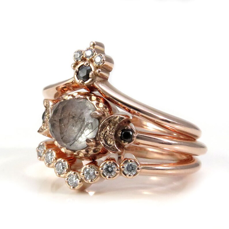Celestial Goth Engagement Ring Set Black Rutile Quartz Moon Etsy
