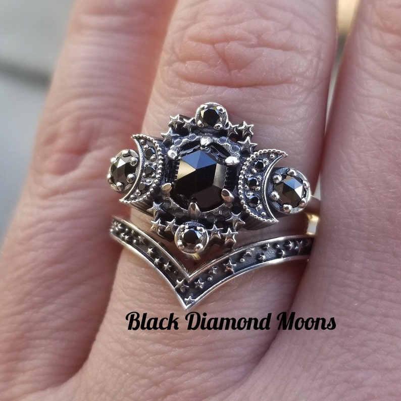 Gothic Cosmos Moon Engagement Ring Set Sterling Silver Moon and Stardust Chevron Wedding Band Celestial Fairytale Wedding Ring Set image 4