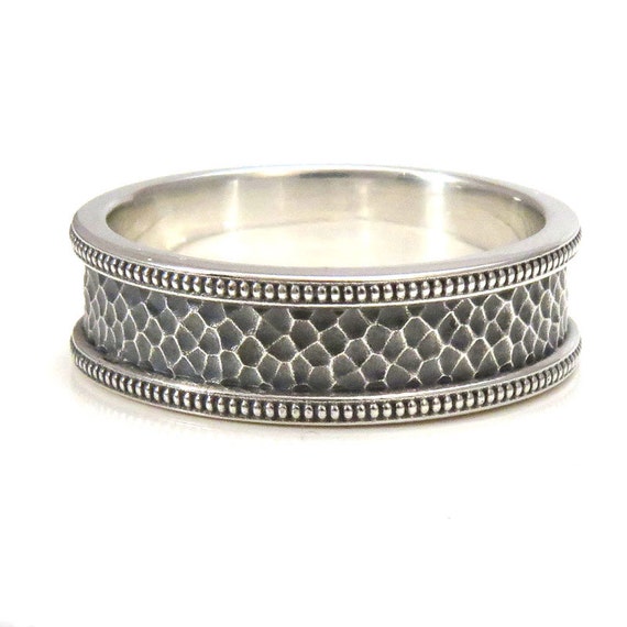 Mens Hammered Silver Ring with Millgrain Rails- Handmade Wedding Band