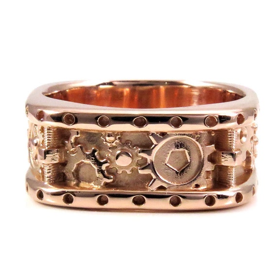 Ready to Ship Size 10 -10.5 Square Perforated Gear Ring in 14k Rose Gold - Mens Steampunk Wedding Ring