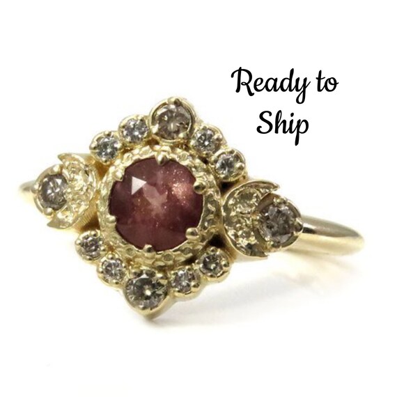 Ready to Ship Size 6-8 - Oregon Sunstone Moon Halo Engagement Ring - Natural Champagne Diamonds in 14k Yellow Gold