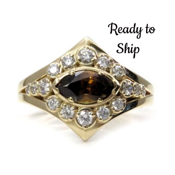 Ready to Ship Size 6 - 8 Marquise Mali Cinnamon Garnet Modern Art Deco Halo Engagement Ring - 14k Yellow Gold