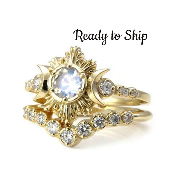 Ready to Ship Size 6-8 - Moonstone and Diamond Engagement Ring Set - 14k Yellow Gold Ceremonial Jewelry